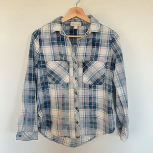 Cloth & Stone Blue Plaid Button Front Long Sleeve Top Size XS